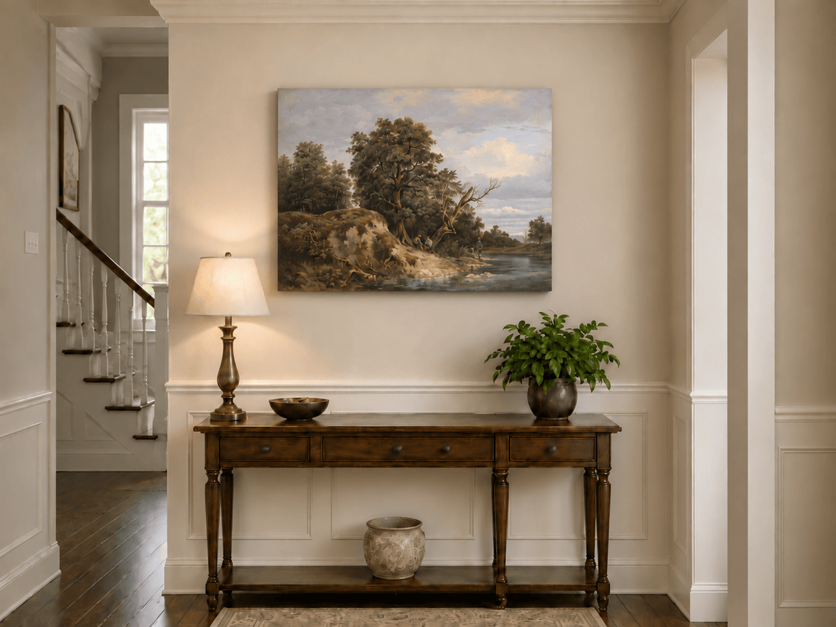 Landscape Oil Painting - Riverbank Landscape Old Trees, Figures