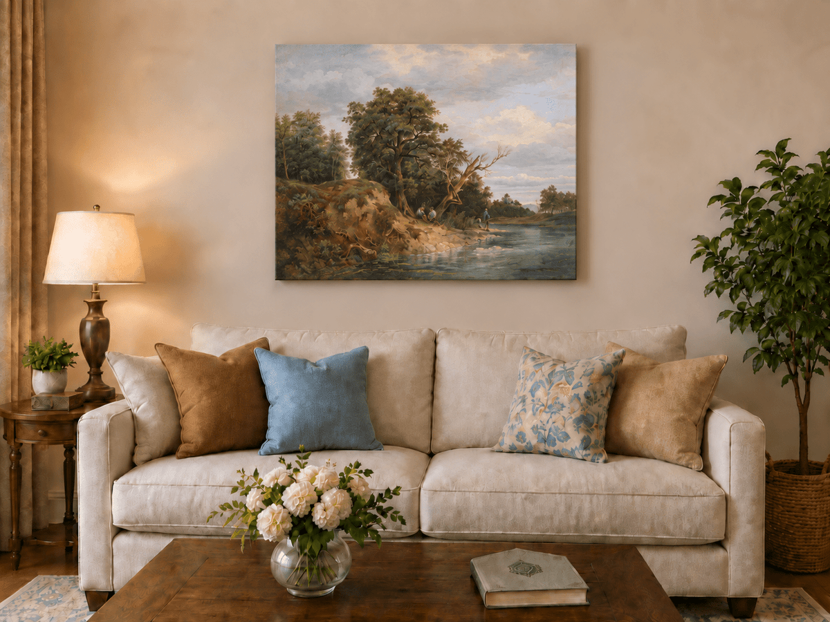 Landscape Oil Painting - Riverbank Landscape Old Trees, Figures