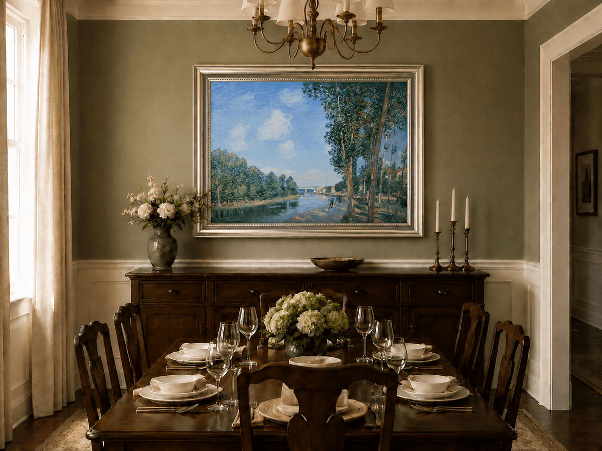 Riverbank path and tall trees oil landscape artwork shown in a styled home interior.