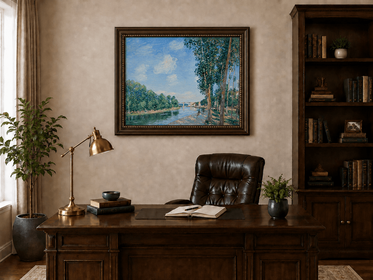 Tall trees along a riverbank path and bridge landscape oil painting presented in an interior wall art mockup.