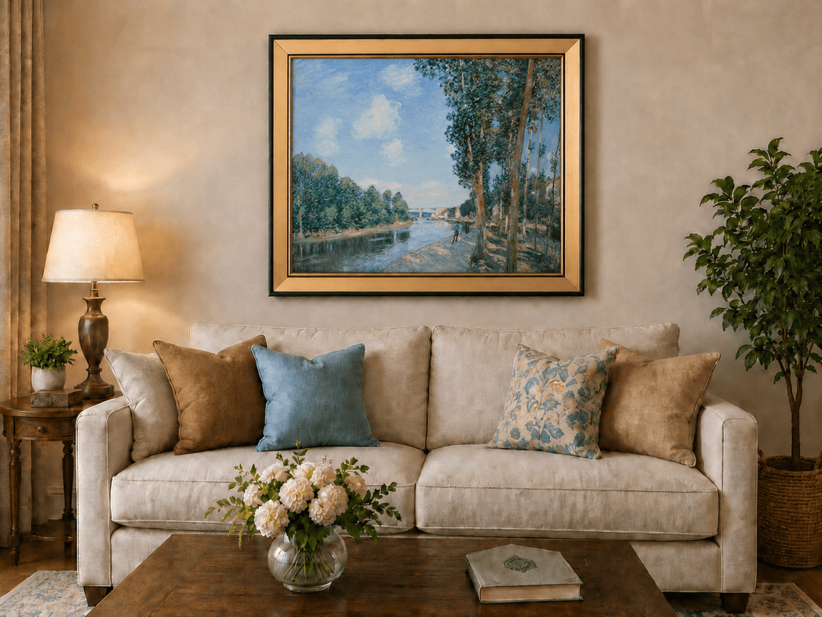 Riverbank path with tall trees and bridge landscape oil painting displayed in a styled home interior.