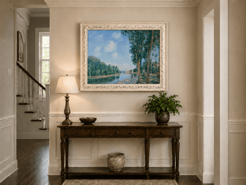 Riverbank path, tall trees and bridge hand-painted oil artwork shown as home wall decor.