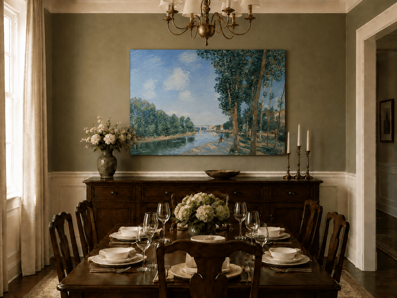 Hand-painted tall trees and riverbank path landscape artwork in an interior display.