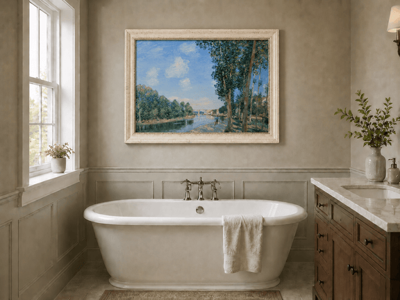Riverbank path landscape oil painting presented as interior home decor.