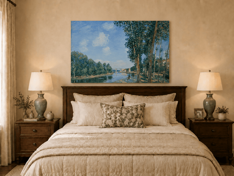 Riverbank path and bridge oil painting displayed as landscape wall decor.