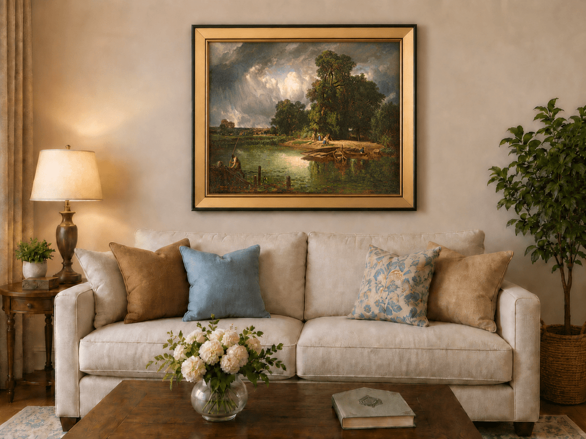 Landscape Oil Painting - Riverbank Scene with Boats and Figures