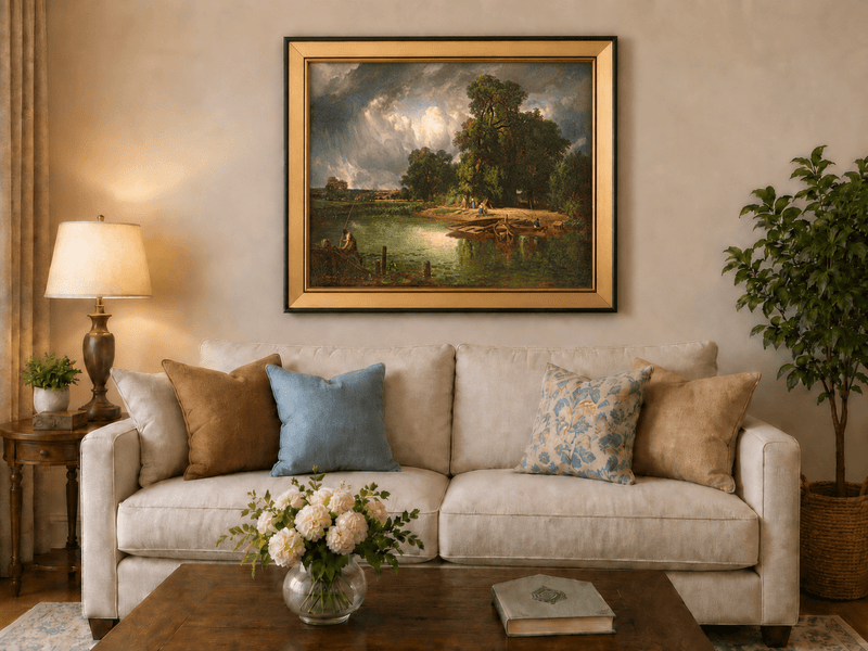 Landscape Oil Painting - Riverbank Scene with Boats and Figures