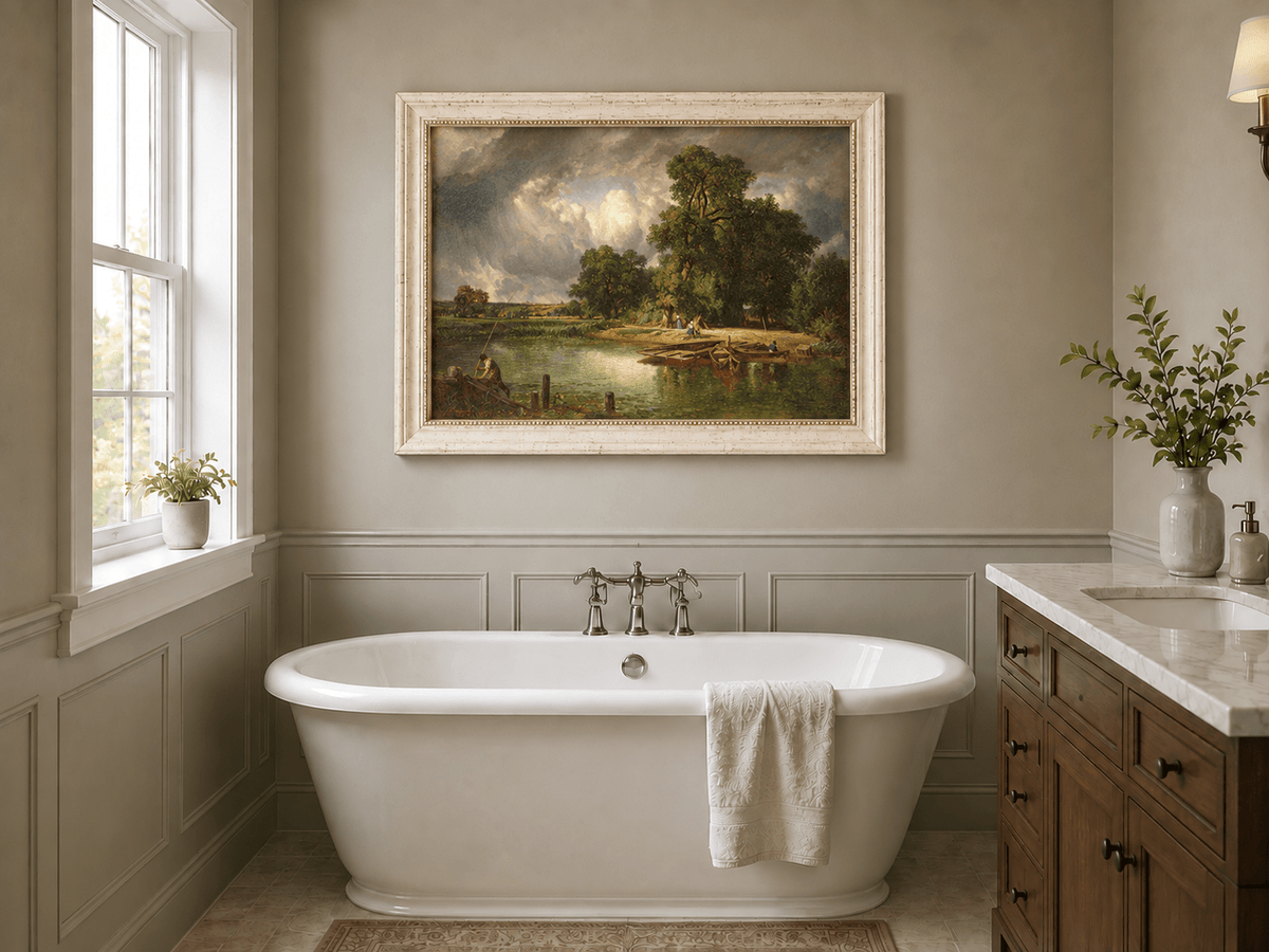 Landscape Oil Painting - Riverbank Scene with Boats and Figures