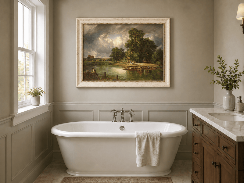 Landscape Oil Painting - Riverbank Scene with Boats and Figures