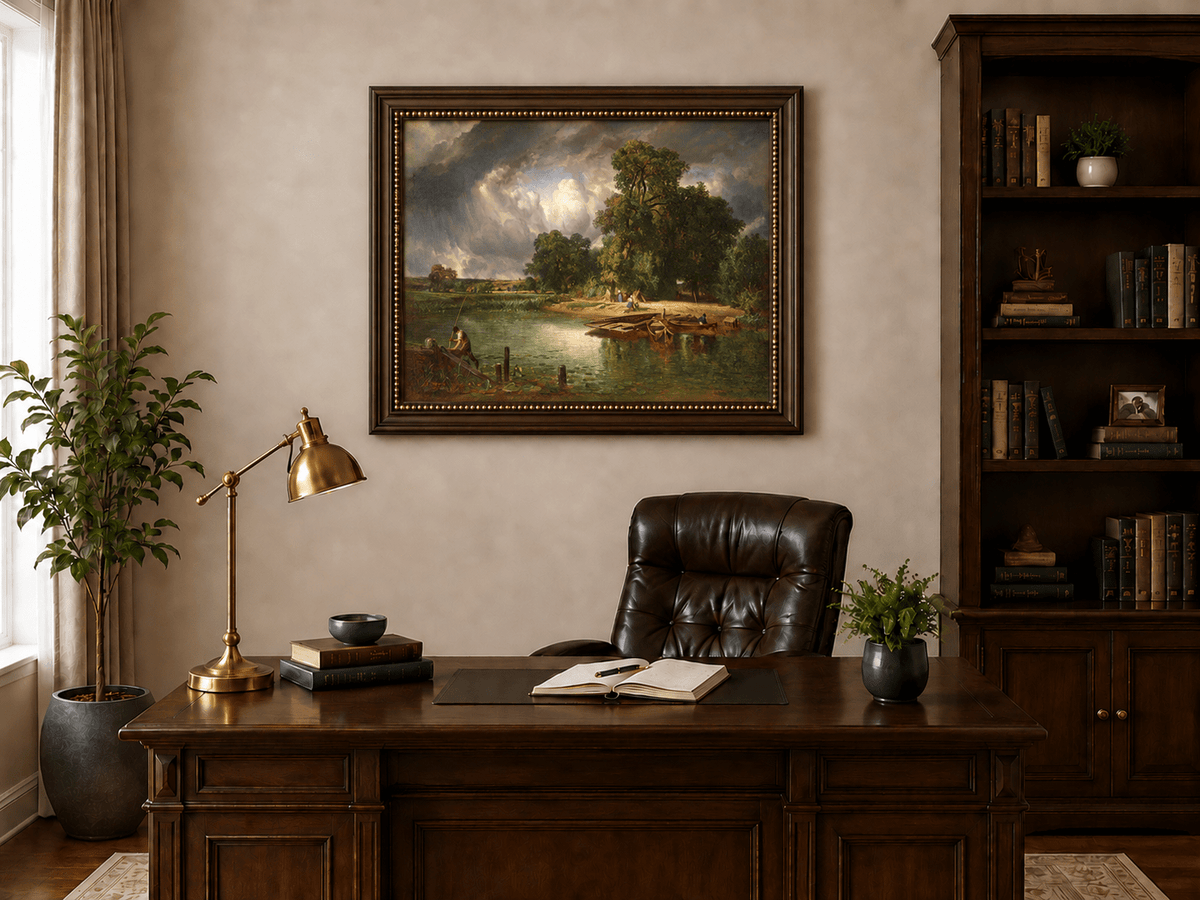 Landscape Oil Painting - Riverbank Scene with Boats and Figures