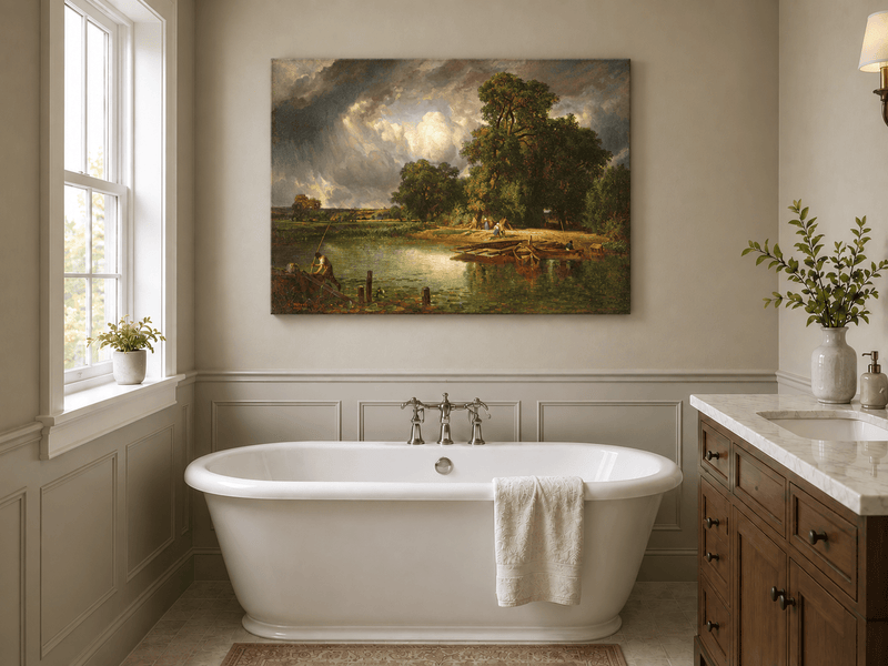 Landscape Oil Painting - Riverbank Scene with Boats and Figures