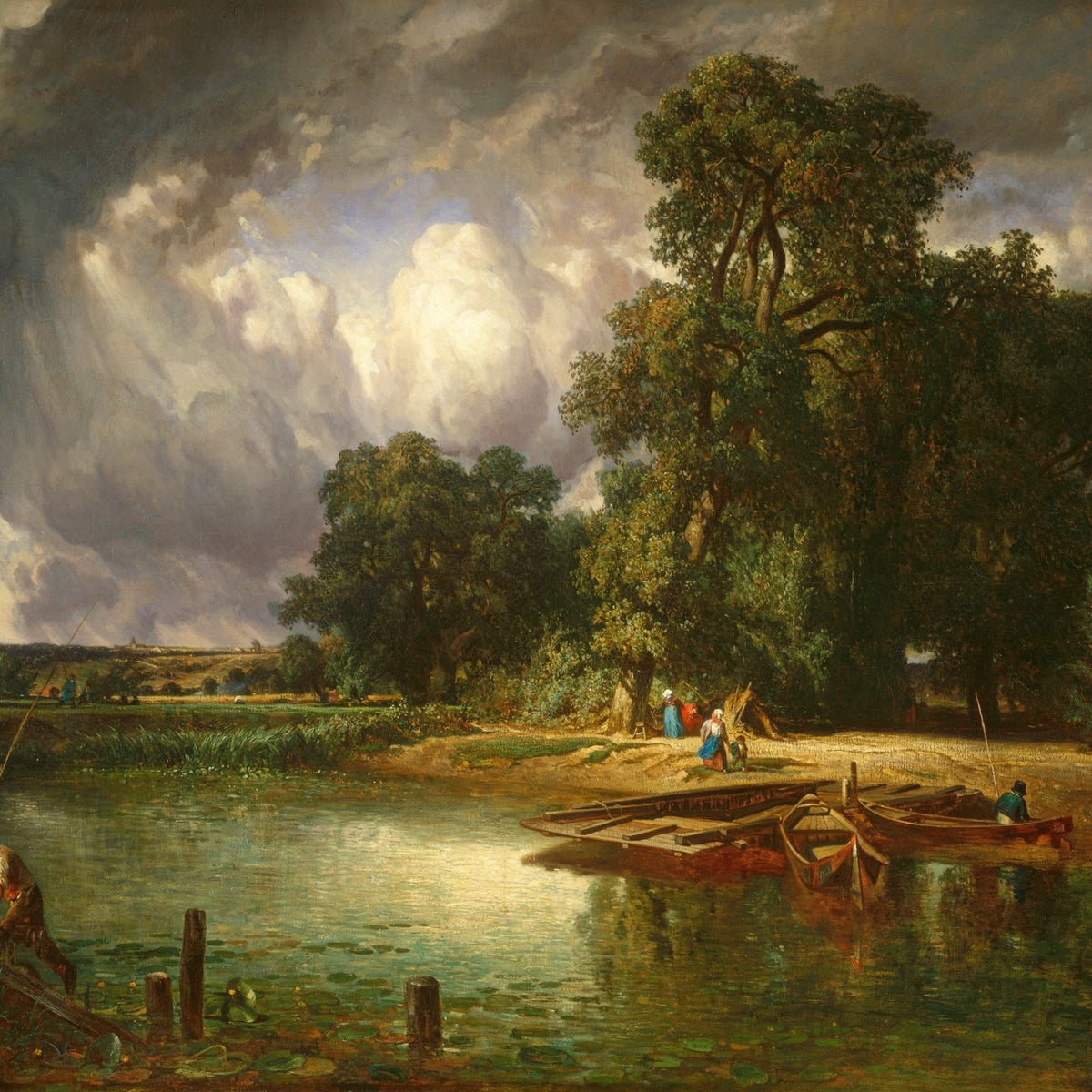 Hand-painted riverbank scene with boats and figures landscape oil painting on canvas
