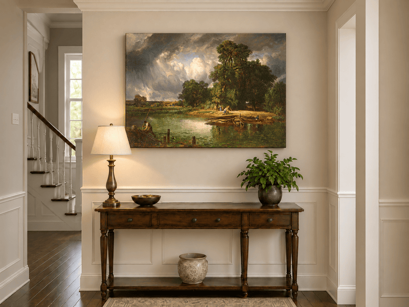 Landscape Oil Painting - Riverbank Scene with Boats and Figures
