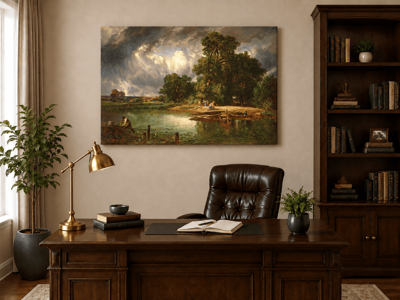 Landscape Oil Painting - Riverbank Scene with Boats and Figures