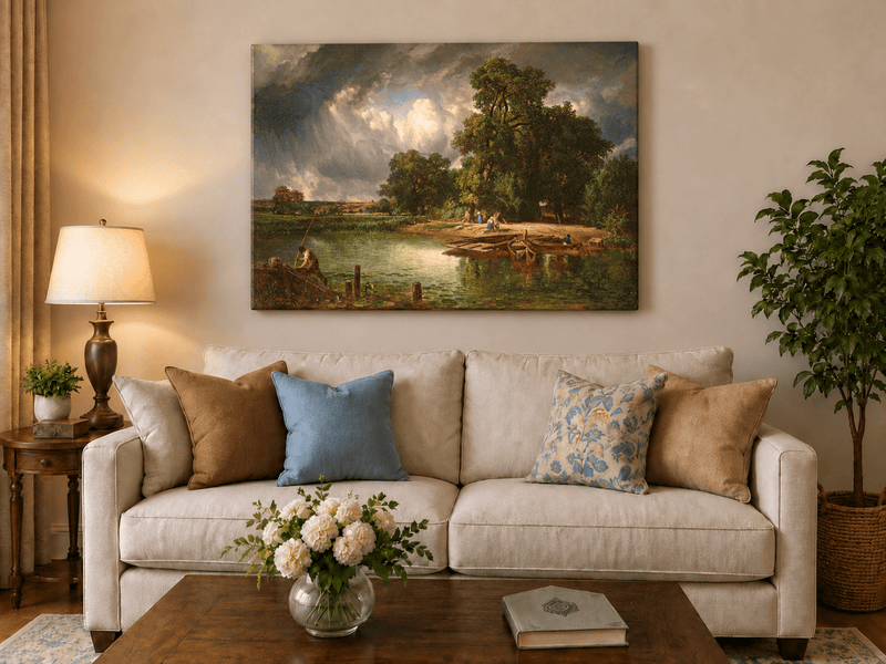Landscape Oil Painting - Riverbank Scene with Boats and Figures