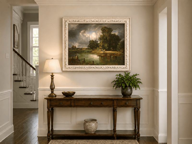 Landscape Oil Painting - Riverbank Scene with Boats and Figures