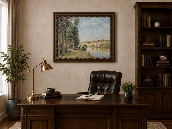 Soft light over riverbank trees and cliffs landscape oil painting presented in an interior wall art mockup.