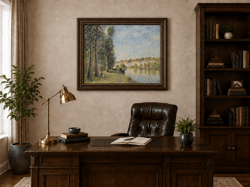 Soft light over riverbank trees and cliffs landscape oil painting presented in an interior wall art mockup.
