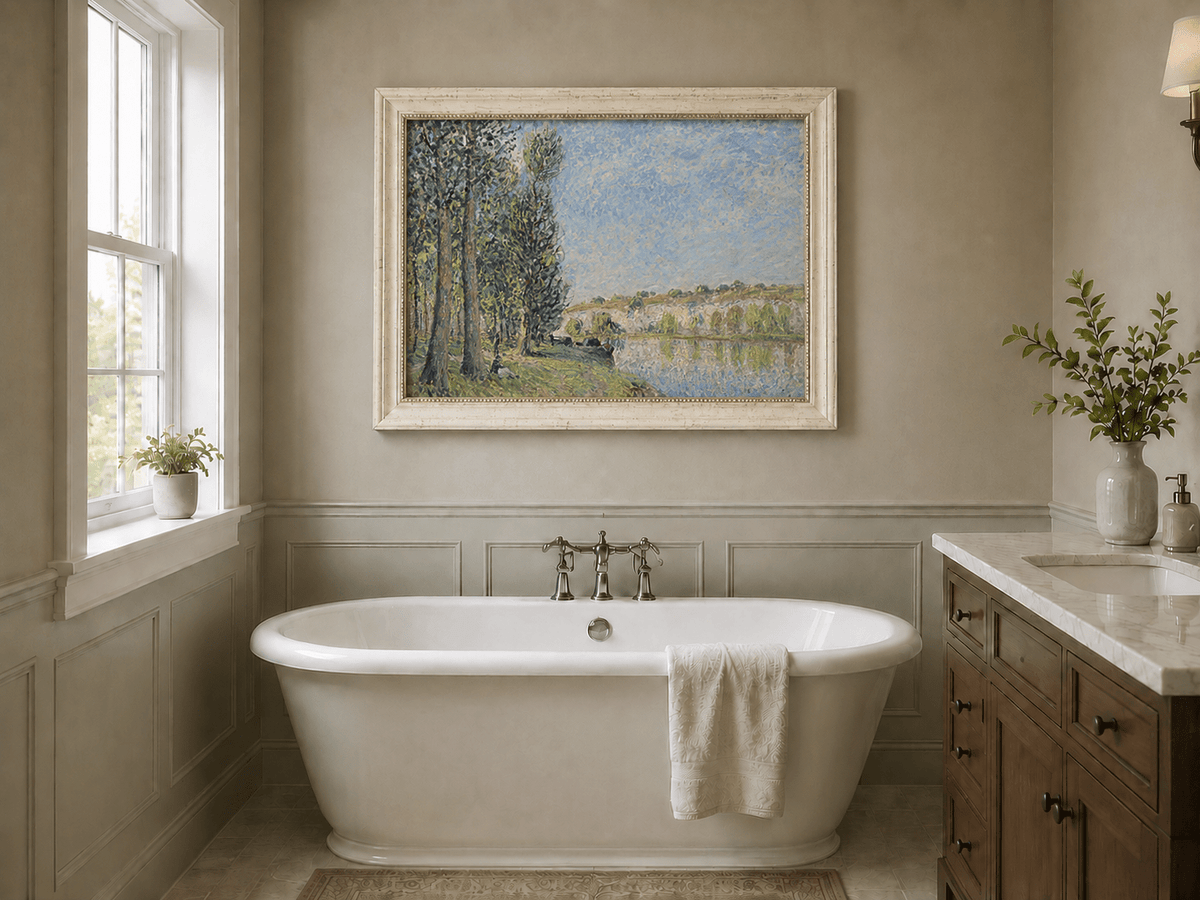 Soft riverbank landscape oil painting presented as interior home decor.