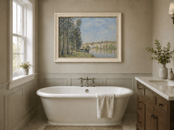 Soft riverbank landscape oil painting presented as interior home decor.