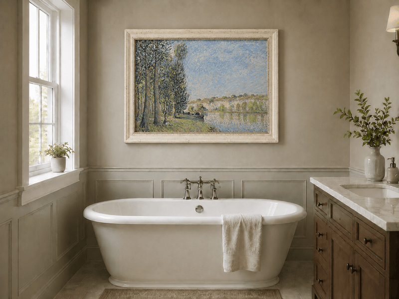 Soft riverbank landscape oil painting presented as interior home decor.