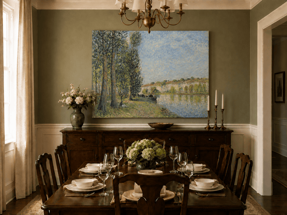 Hand-painted riverbank cliffs and trees landscape artwork in an interior display.
