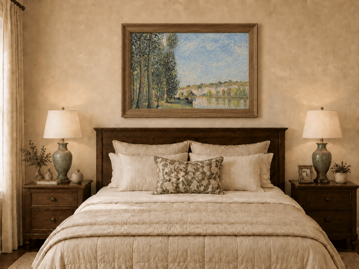 Hand-painted riverbank trees and cliffs in soft light displayed as decorative wall art.
