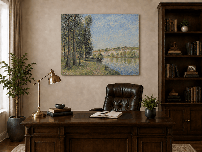 Interior wall art view featuring riverbank trees and cliffs in soft light oil painting.