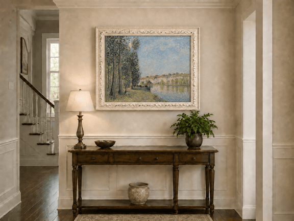 Riverbank trees and cliffs in soft light hand-painted oil artwork shown as home wall decor.