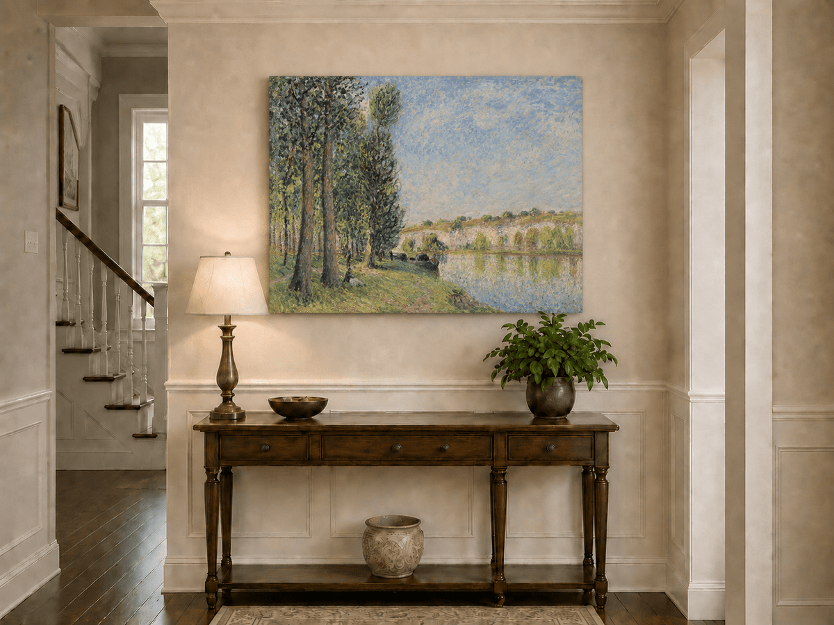 Riverbank cliffs in soft light landscape painting shown as decorative oil wall art.