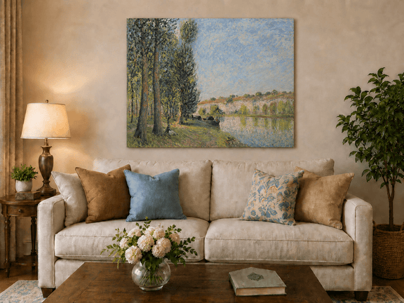 Riverbank trees and cliffs hand-painted oil artwork displayed in a second interior view.