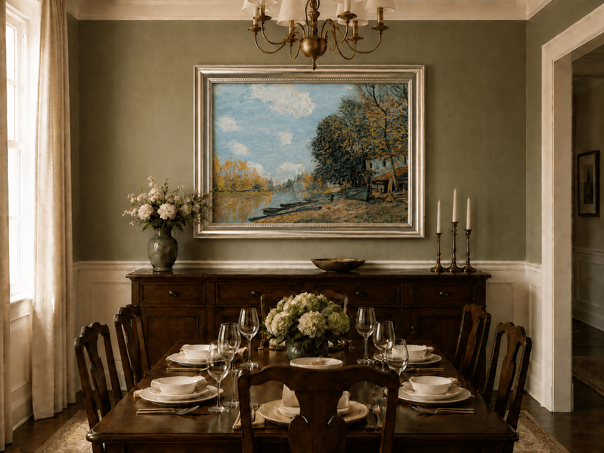 Riverbank village autumn oil landscape artwork shown in a styled home interior.
