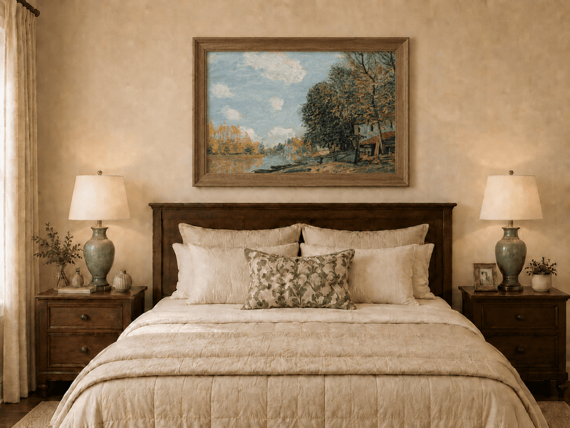 Hand-painted riverbank village with autumn trees displayed as decorative wall art.