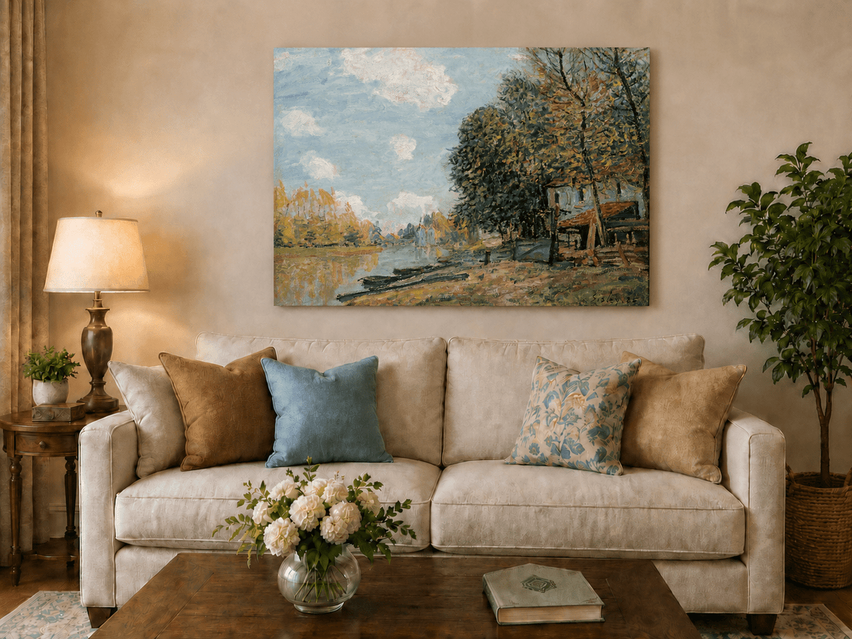 Autumn village by the river hand-painted oil artwork displayed in a second interior view.