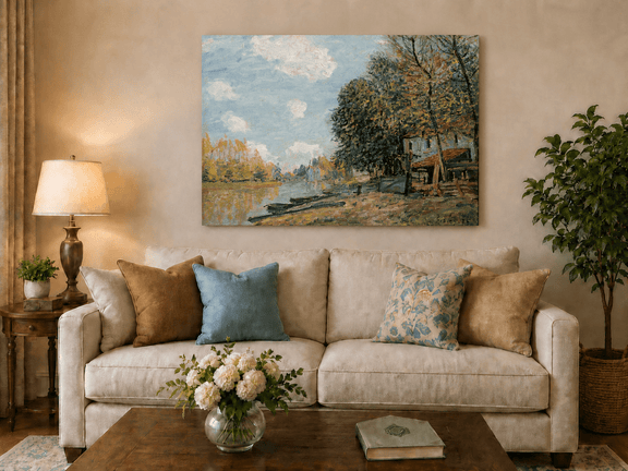 Autumn village by the river hand-painted oil artwork displayed in a second interior view.