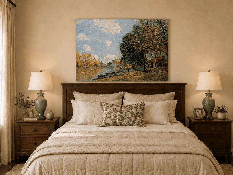 Riverbank autumn landscape painting shown as decorative oil wall art.