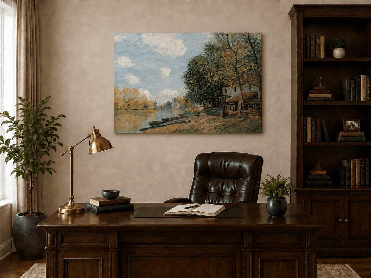 Hand-painted autumn trees and village landscape artwork in an interior display.
