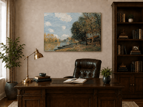 Hand-painted autumn trees and village landscape artwork in an interior display.
