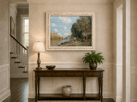Riverbank village and autumn trees hand-painted oil artwork shown as home wall decor.