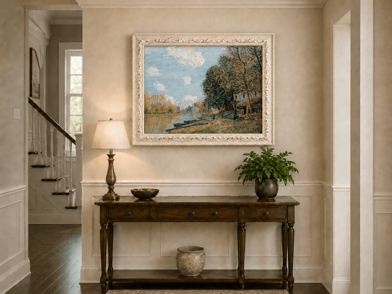 Riverbank village and autumn trees hand-painted oil artwork shown as home wall decor.