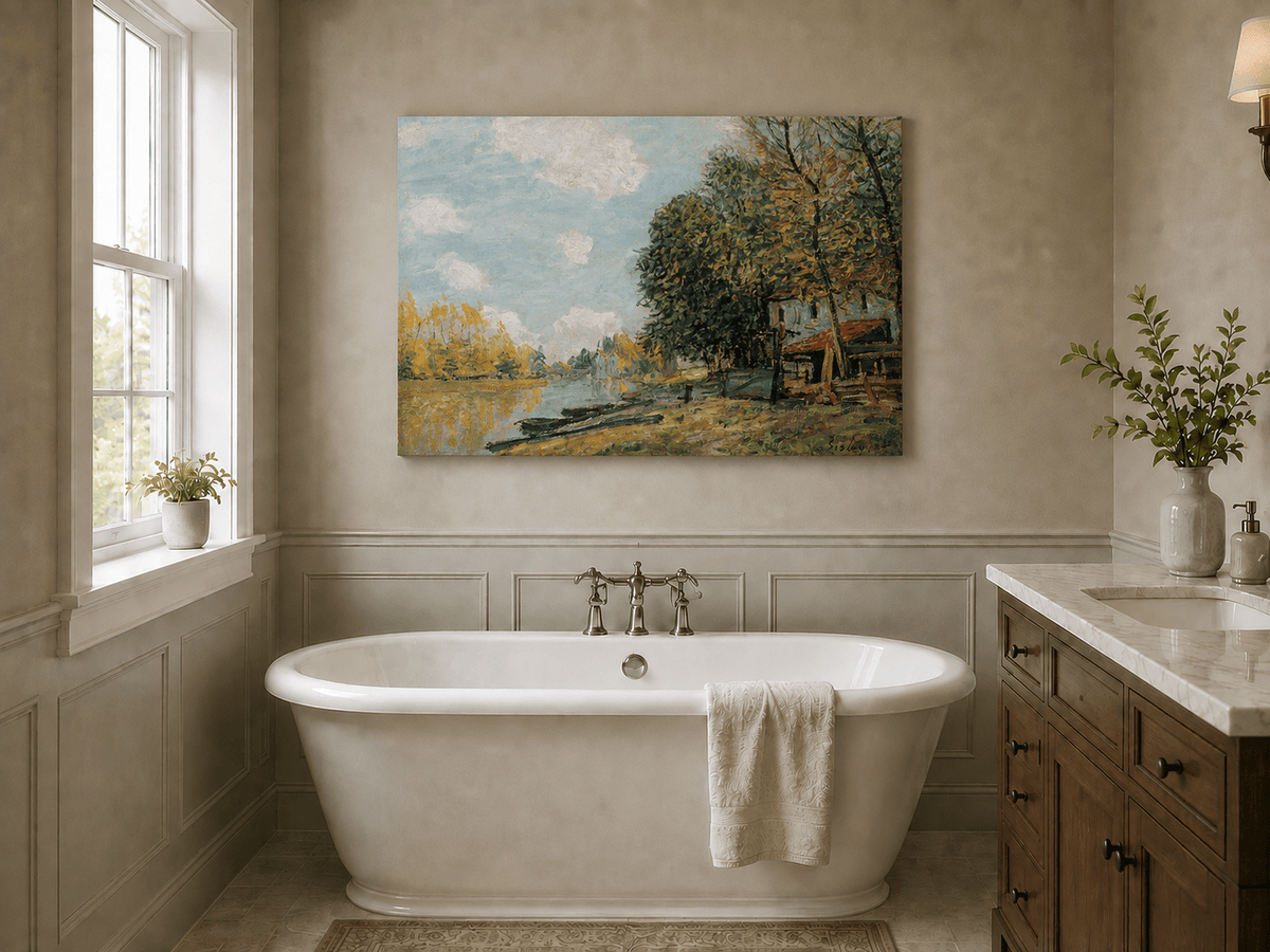 Riverbank village with autumn trees landscape oil painting presented as styled home decor.