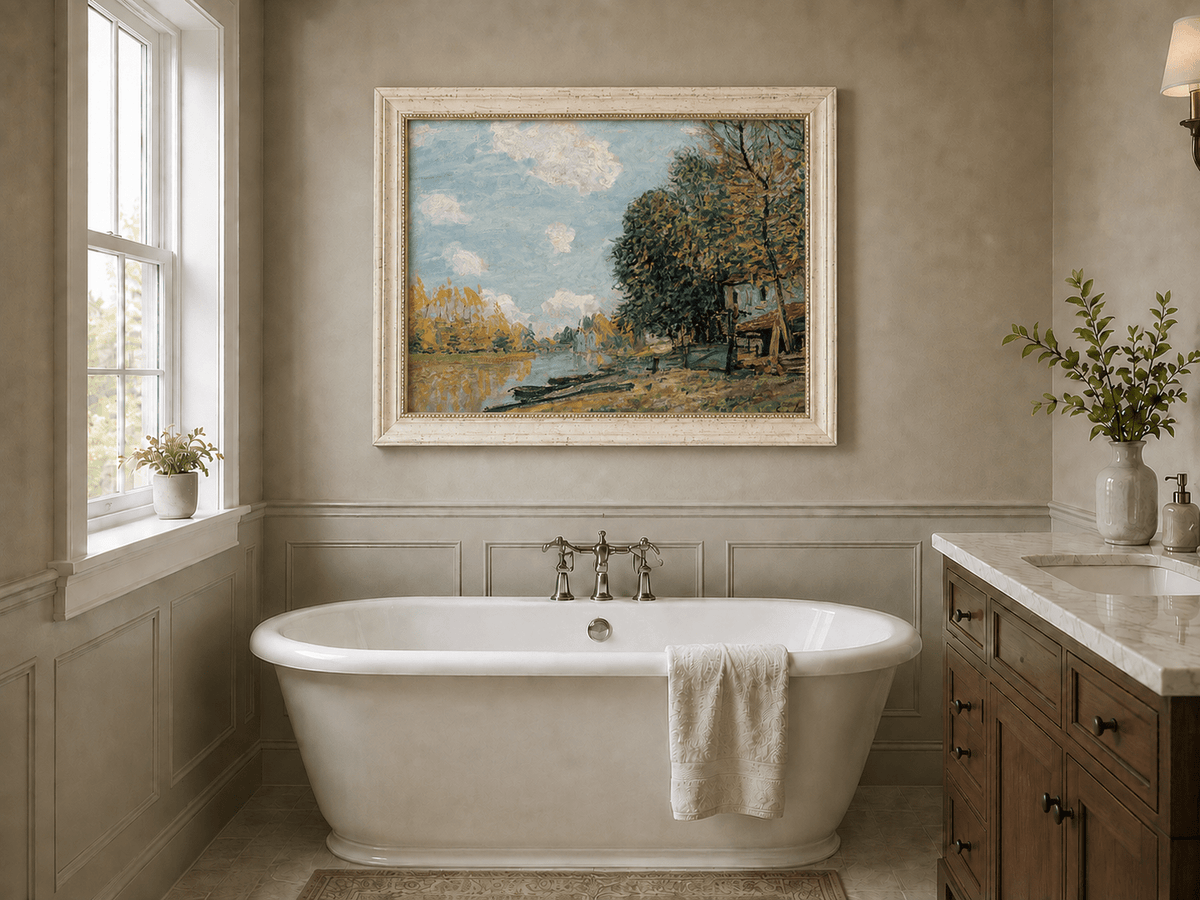 Autumn riverbank landscape oil painting presented as interior home decor.