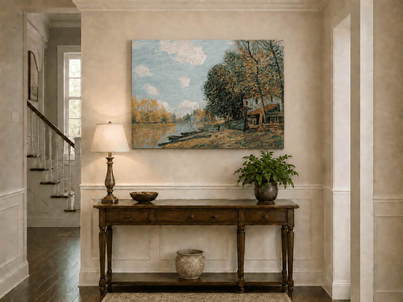 Autumn riverbank village oil painting displayed as landscape wall decor.