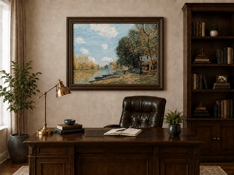 Autumn trees around a riverbank village landscape oil painting presented in an interior wall art mockup.