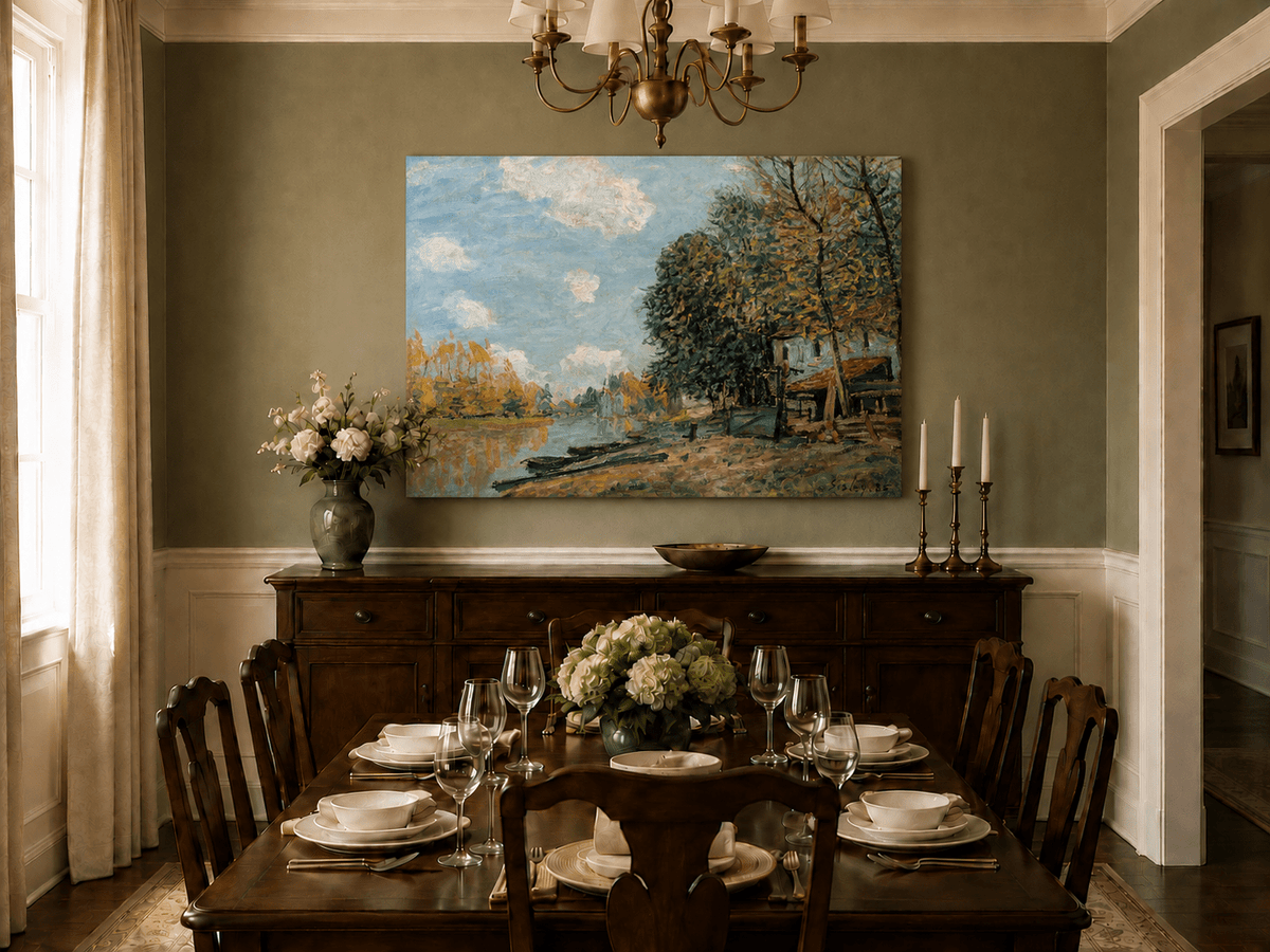 Interior wall art view featuring a riverbank village with autumn trees oil painting.