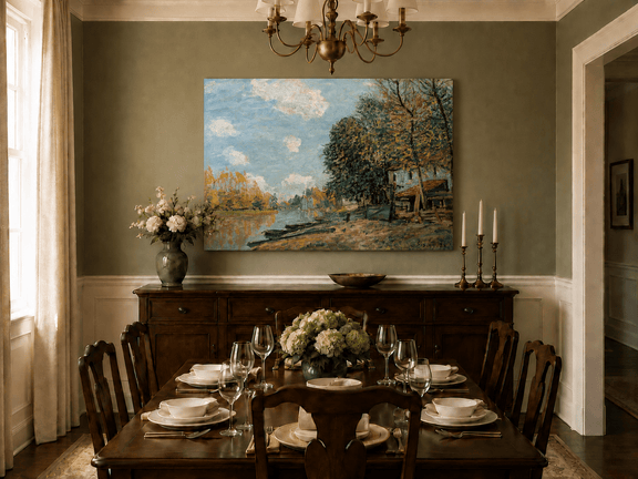 Interior wall art view featuring a riverbank village with autumn trees oil painting.
