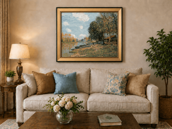 Riverbank village with autumn trees landscape oil painting displayed in a styled home interior.