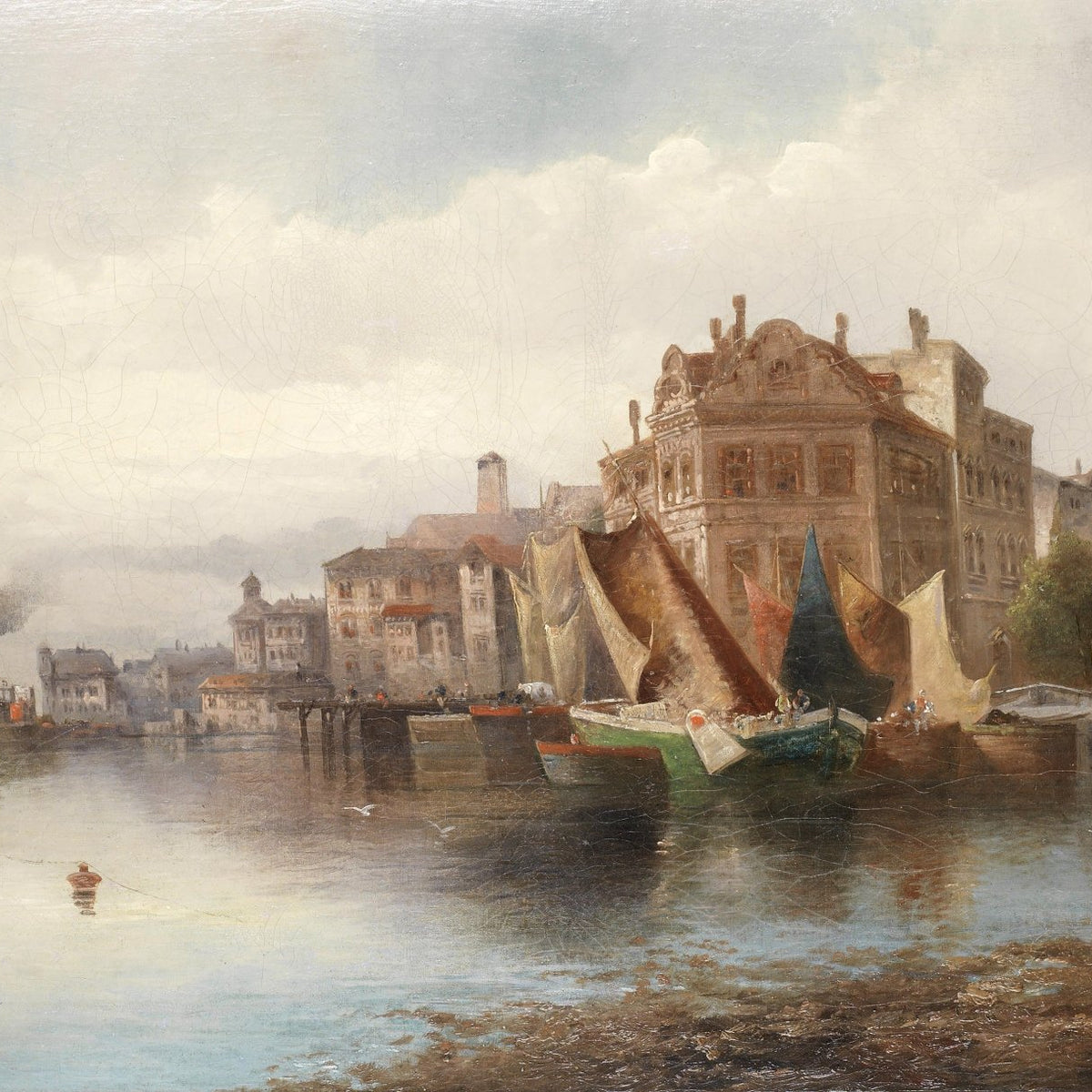 Landscape Oil Painting - Riverfront city port & historic buildings - Oil Painting Haven