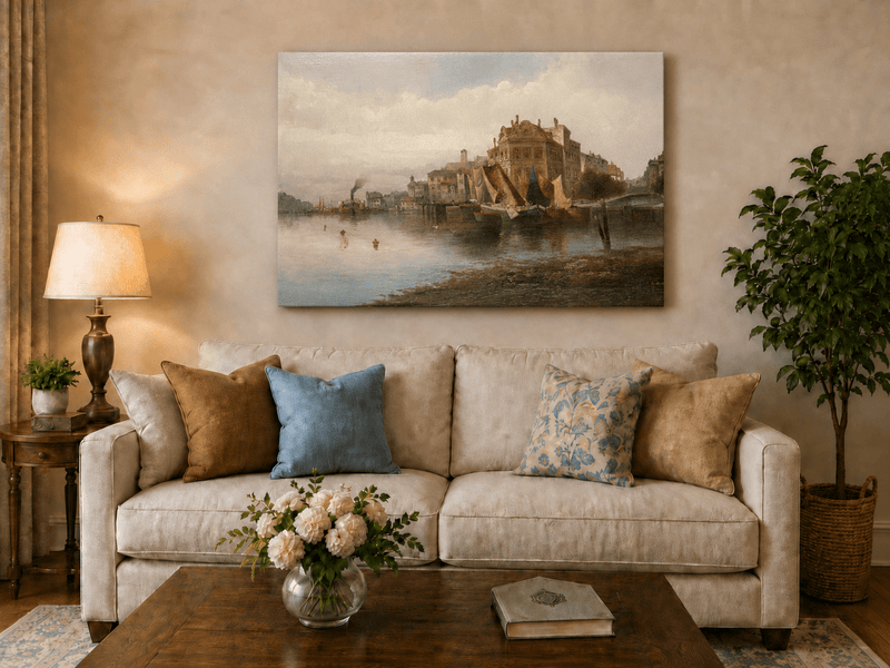 Landscape Oil Painting - Riverfront City Port & Historic