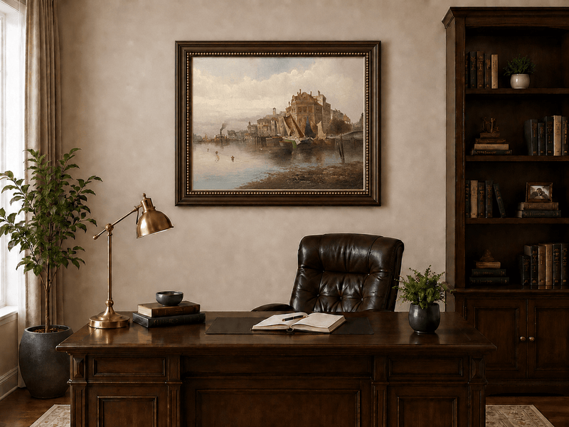Landscape Oil Painting - Riverfront City Port & Historic